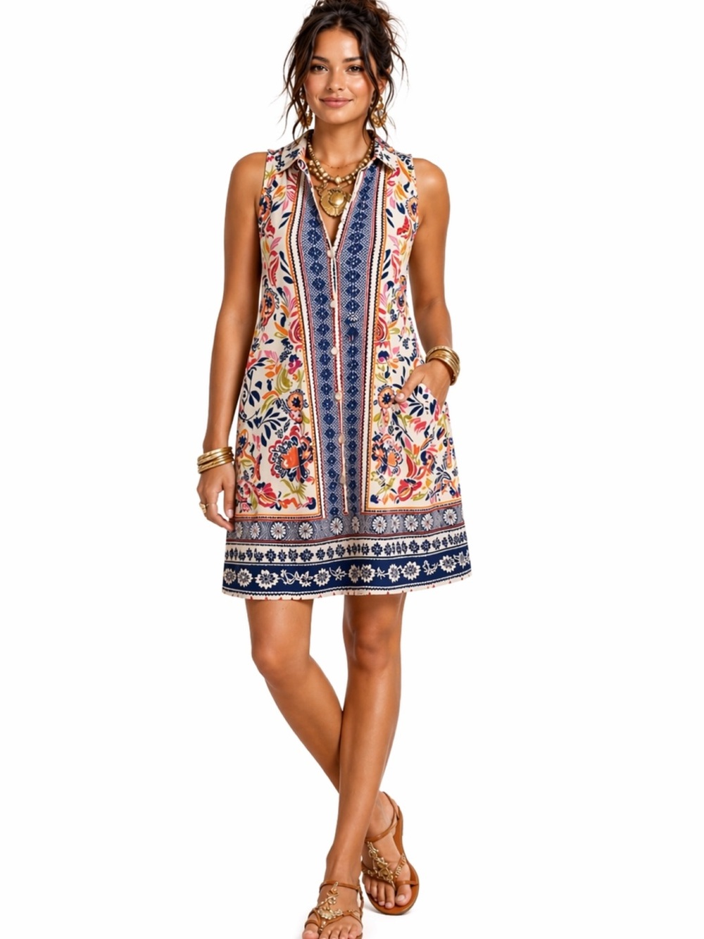 Sleeveless Floral Border Print Shift Dress - Multicolor